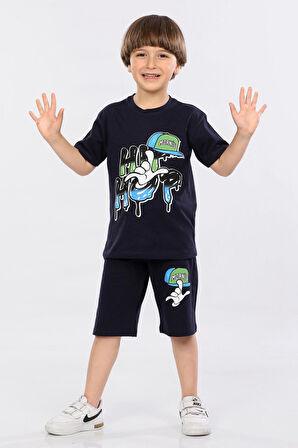 Mornio Erkek Çocuk %100 Pamuk Hip-Hop Baskılı T-shirt ve Şort 2 li Takım MRN3102728-1VF