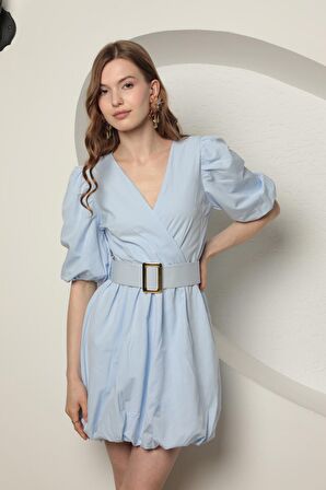 Kadın Balon Elbise Kemer Detaylı V Yaka Poplin Kumaş KKTS3019