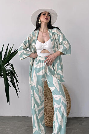 Desenli Kimono Ve Pantolon İkili Takım DFL4019