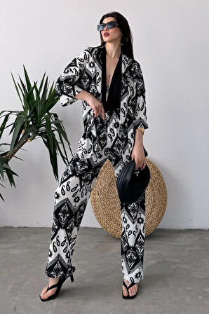 Desenli Kimono Ve Pantolon İkili Takım DFL4019