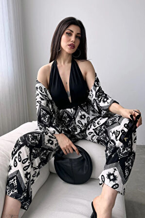 Desenli Kimono Ve Pantolon İkili Takım DFL4019