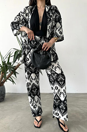 Desenli Kimono Ve Pantolon İkili Takım DFL4019
