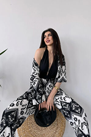 Desenli Kimono Ve Pantolon İkili Takım DFL4019