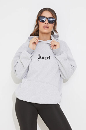 Go Veform Baskılı Kapüşonlu Kadın Sweatshirt Gri ZN5002