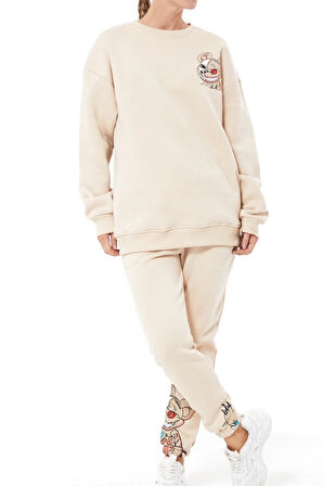 Go Veform Baskılı Oversize Üç İplik Kadın Eşofman Takımı Bej ZN5004