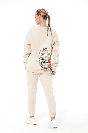 Go Veform Baskılı Oversize Üç İplik Kadın Eşofman Takımı Bej ZN5004