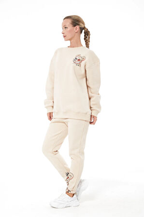 Go Veform Baskılı Oversize Üç İplik Kadın Eşofman Takımı Bej ZN5004