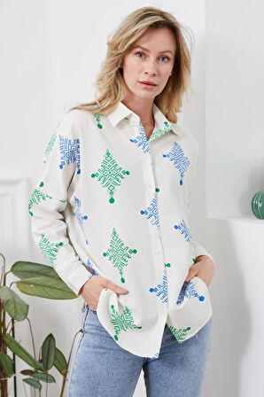 Go Veform Desenli Keten Kadın Gömlek Yeşil ZN5016