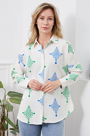 Go Veform Desenli Keten Kadın Gömlek Yeşil ZN5016