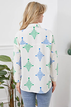 Go Veform Desenli Keten Kadın Gömlek Yeşil ZN5016