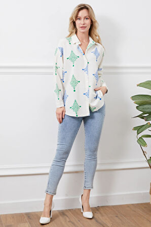 Go Veform Desenli Keten Kadın Gömlek Yeşil ZN5016
