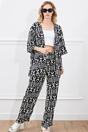 Go Veform Desenli Kadın İkili Kimono Takım Siyah ZN5018