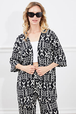 Go Veform Desenli Kadın İkili Kimono Takım Siyah ZN5018
