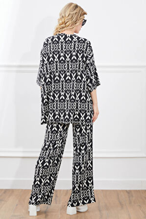 Go Veform Desenli Kadın İkili Kimono Takım Siyah ZN5018