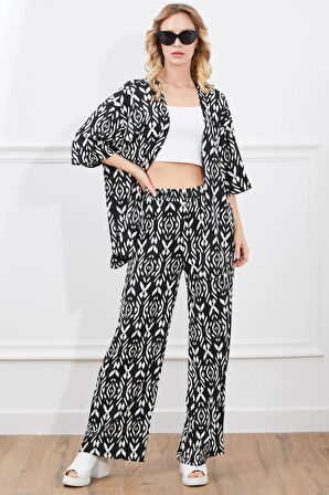 Go Veform Desenli Kadın İkili Kimono Takım Siyah ZN5018