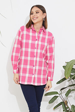 Go Veform Ekose Desen Kadın Gömlek Pembe ZN5019