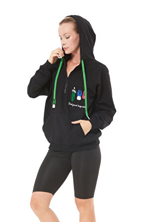 Go Veform Fermuar Detay Baskılı Oversize Kadın Sweatshirt Siyah ZN5022