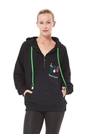 Go Veform Fermuar Detay Baskılı Oversize Kadın Sweatshirt Siyah ZN5022