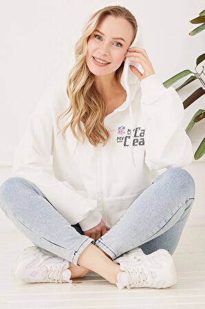 Go Veform Kanguru Cep Fermuarlı Kadın Sweatshirt Ekru ZN5025