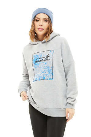 Go Veform Kapüşonlu Baskılı Üç İplik Kadın Sweatshirt Gri ZN5026