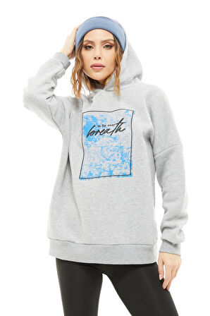 Go Veform Kapüşonlu Baskılı Üç İplik Kadın Sweatshirt Gri ZN5026