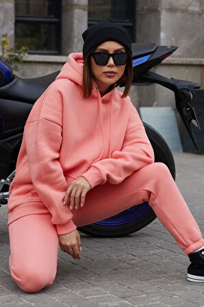 Go Veform Kapüşonlu Üç İplik Kadın Eşofman Takımı Somon ZN5031