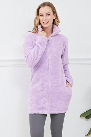 Go Veform Peluş Fermuarlı Kadın Uzun Sweatshirt Lila ZN5038