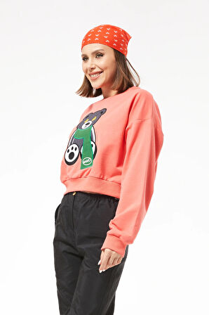 Go Veform Sıfır Yaka Figürlü Kadın Kısa Sweatshirt Mercan ZN5041