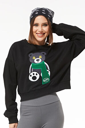 Go Veform Sıfır Yaka Figürlü Kadın Kısa Sweatshirt Siyah ZN5041