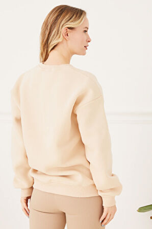 Go Veform Kadın California Baskılı Üç İplik Sweatshirt  Bej ZN5053