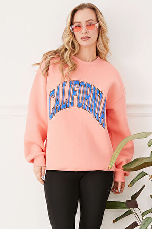 Go Veform Kadın California Baskılı Üç İplik Sweatshirt  Yavruağzı ZN5053