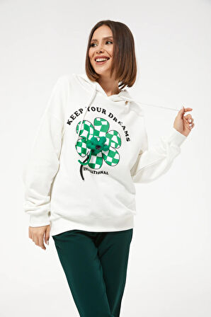 Go Veform Kadın Çiçek Desenli Kapüşonlu Sweatshirt Ekru ZN5059