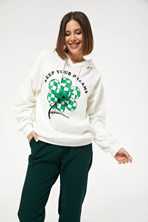 Go Veform Kadın Çiçek Desenli Kapüşonlu Sweatshirt Ekru ZN5059