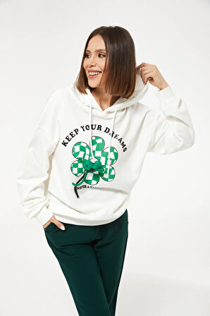 Go Veform Kadın Çiçek Desenli Kapüşonlu Sweatshirt Ekru ZN5059