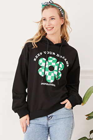 Go Veform Kadın Çiçek Desenli Kapüşonlu Sweatshirt Siyah ZN5059