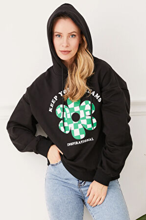 Go Veform Kadın Çiçek Desenli Kapüşonlu Sweatshirt Siyah ZN5059