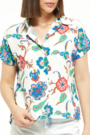 Go Veform Kadın Zarif Çiçek Desenli Keten Gömlek Ekru ZN5072