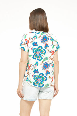 Go Veform Kadın Zarif Çiçek Desenli Keten Gömlek Ekru ZN5072