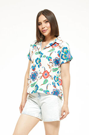 Go Veform Kadın Zarif Çiçek Desenli Keten Gömlek Ekru ZN5072