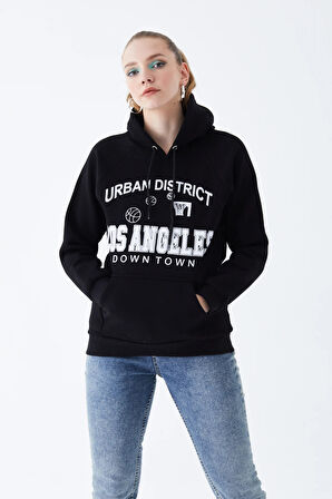 Go Veform Kadın Kanguru Cepli Baskılı Üç İp İçi Şardonlu Sweatshirt Siyah ZN5083