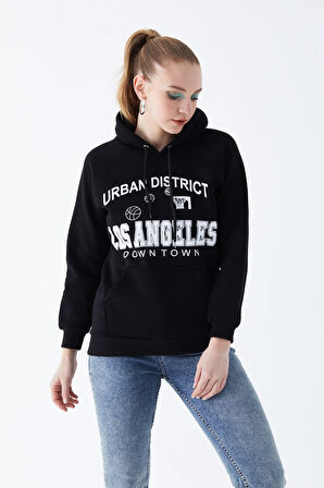 Go Veform Kadın Kanguru Cepli Baskılı Üç İp İçi Şardonlu Sweatshirt Siyah ZN5083