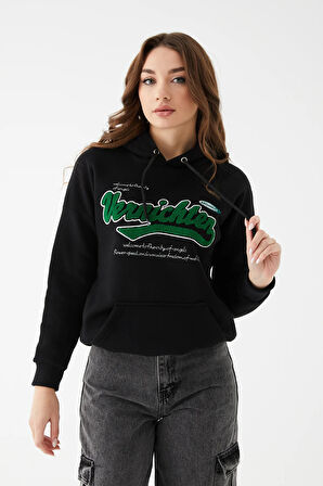 Go Veform Kadın Kanguru Cep Baskılı Üç İp İçi Şardonlu Sweatshirt Siyah ZN5086