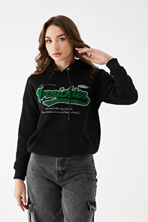 Go Veform Kadın Kanguru Cep Baskılı Üç İp İçi Şardonlu Sweatshirt Siyah ZN5086