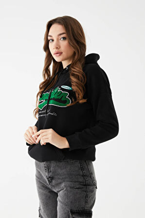 Go Veform Kadın Kanguru Cep Baskılı Üç İp İçi Şardonlu Sweatshirt Siyah ZN5086