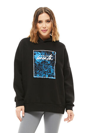 Go Veform Kapüşonlu Baskılı Üç İplik Kadın Sweatshirt Siyah ZN5026