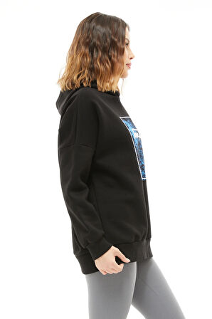 Go Veform Kapüşonlu Baskılı Üç İplik Kadın Sweatshirt Siyah ZN5026