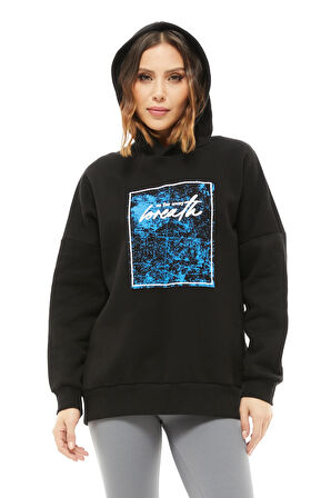 Go Veform Kapüşonlu Baskılı Üç İplik Kadın Sweatshirt Siyah ZN5026
