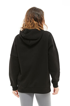 Go Veform Kapüşonlu Baskılı Üç İplik Kadın Sweatshirt Siyah ZN5026