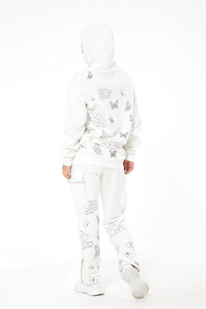 Go Veform Kadın Kelebek Baskılı Kargo Cepli Kapüşonlu Eşofman Takımı Ekru ZN5093