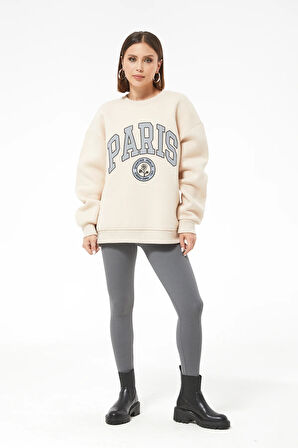 Go Veform Kadın Paris Baskılı Üç İplik Sweatshirt Bej  Bej ZN5107